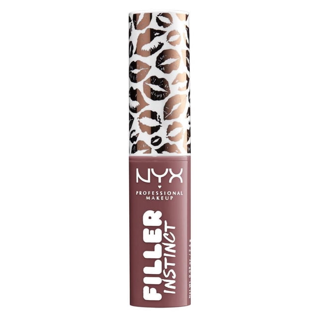 NYX Professional Makeup Filler Instinct Plumping Lip Colour in mauve with a semi-sheer, shiny finish, in a tube with a white cap decorated with brown and black lip prints, formulated to hydrate and plump lips for up to 8 hours.