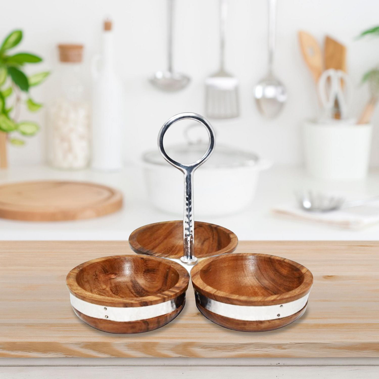 IH Casa Decor Natural Acacia Wood Avec Serveur De Nickel 3 Section Martelé