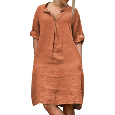hotojiny Casual Dresses for Women Plus Size V Neck Loose Tunic Dress Comfy Rolled Long Sleeve Summer Midi Dresses with Pockets