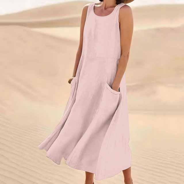Jsaierl Robe Femme en Coton et Lin Été Sans Manches Robe d'Été Tunique Débardeur Robe de Plage d'Été Fluide Robes Maxi avec Poches