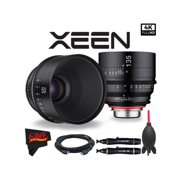 Rokinon Xeen 50mm T1.5 Lens for PL Mount + Rokinon Xeen 135mm T2.2 Lens with PL Mount + Deluxe Cleaning Kit + High Quality Dust Blower + HDMI Cable + Lens Pen Cleaner + MicroFiber Cloth Bundle