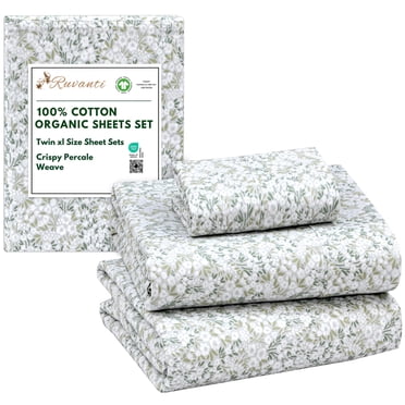 RUVANTI 100% Organic Cotton Sheets - Twin XL Sheet Sets - 3 Piece Percale Weave Bedding, Crisp, Cooling & Breathable, Soft & Durable, 16" Deep Pocket, Hotel Quality Sábanas - Floral Rush