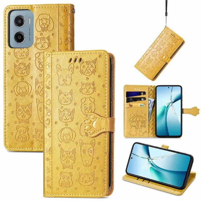 Étui à Rabat pour FOXDOCK Motorola Moto E15, Étui à Rabat en Cuir PU Gaufré Chat et Chien avec Fentes pour Cartes, Support