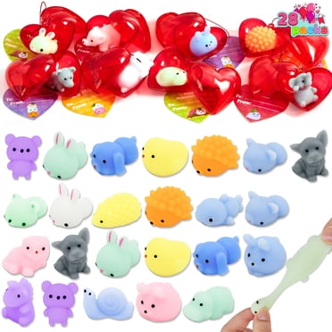Joyfy 28 Packs Valentines Gifts for Kids, Valentine Kawaii Stress Relief Mochi Squishy Toys Filled Hearts for Kids Classroom Exchange Cards Gifts, Valentines Party Favors