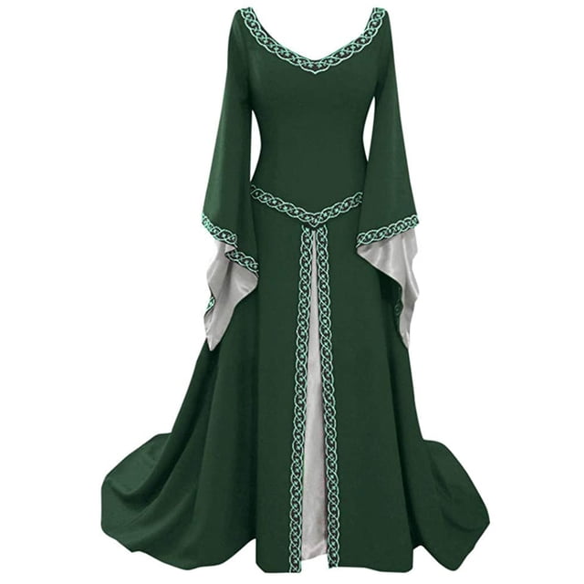 UPPADA Robe Longue Renaissance Médiévale pour Femmes, Costume Vintage Gothique Grande Taille, Robes Irlandaises par-Dessus, Robe Maxi à Col en V de Couleur Vert Foncé avec Garniture Complexe d'Inspiration Celtique le Long de l'Encolure, de la Taille et des Manches. Cette Robe Maxi Fluide Présente des Manches Évasées et un Col en V, Idéale pour les Passionnées de Vêtements Gothiques, les costumes pour Femmes Ou des Événements à Thème comme l'Halloween et Noël.