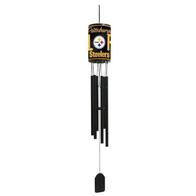 NFL Wind Chime Pittsburgh Steelers with a cylindrical top featuring the team logo, name, and #1 fan graphic in black and yellow. Six matte black aluminum tubes hang below, producing a mellow melody. Weather-resistant for outdoor patio or garden use.