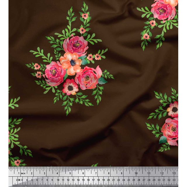 Soimoi Brown Japan Crepe Satin Fabric Flower Floral Printed Craft Fabric 1 Yard 44 Inch Wide