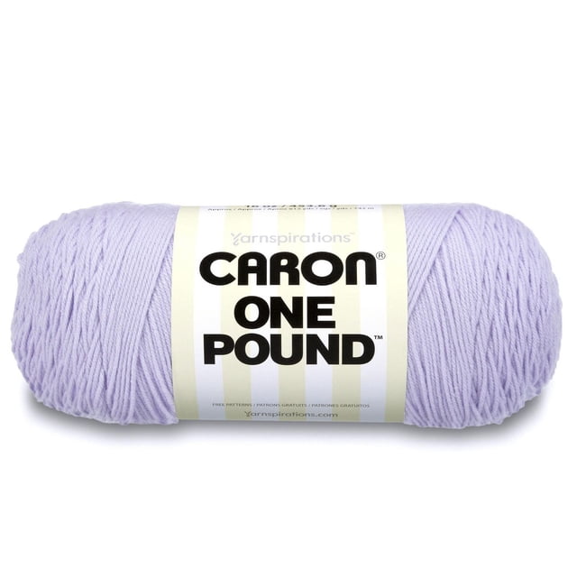 Caron® One Pound™ Yarn, Acrylic #4 Medium, 16oz/454g, 812 Yards in light lavender, a large skein of worsted weight acrylic yarn with a white label and bold black text, ideal for knitting and crochet projects including garments, accessories, home decor, and baby items.