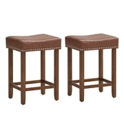 Costway 24" Upholstered Bar Stools Set of 2 with Footrests Rubberwood Frame Saddle-shaped Brown
