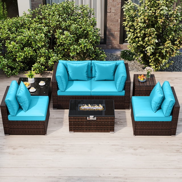 Costway 7 PCS Patio Furniture Set 40,000 BTU Gas Fire Pit Table Propane Tank Cover Table Mix Brown + Turquoise