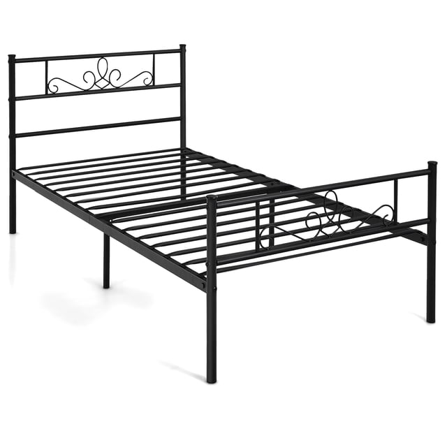 Costway Cadre de Lit Plateforme en Métal pour Lit Simple avec Tête et Pied de Lit, Présenté en construction en Acier Noir. Présente des Motifs Décoratifs en Forme de Fleur sur la Tête et le Pied de Lit, avec support Métallique à Lattes pour la Stabilité du Matelas. Comprend un Espace de Rangement de 11 Pouces sous le Lit et des Patins Antidérapants pour la protection du Plancher. Aucun Sommier Requis.