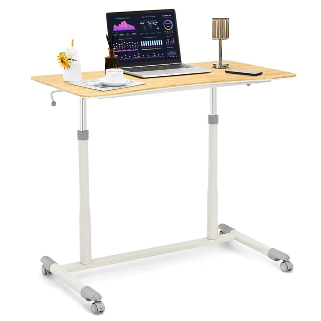Giantex Mobile Height Adjustable Standing Desk, Compact Pneumatic Sit to Stand Computer Desk w/ Lockable Casters, Ergonomic Rolling Laptop Table for Home Office, Natural