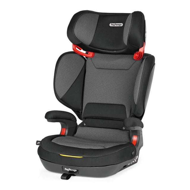 Peg Perego Viaggio Shuttle Plus 120 2-in-1 Booster Car Seat in Crystal Black. This adjustable booster seat features 3D Total Adjust Technology, allowing independent adjustments to the headrest, upper backrest, and side wings for a customized fit. It transitions from a high-back booster to a backless booster with a simple button press. The seat includes a rigid LATCH system for secure installation, an aluminum-reinforced backrest for added safety, and energy-absorbing foam in the headrest and side wings for impact protection. A cup holder is included for convenience. Made in Italy.