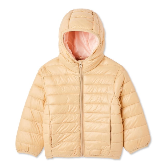 George toddler girls' puffer jacket in light peach water-repellent nylon taffeta with quilted insulation, hood, full-zip front, long elastic cuffs, and two on-seam pockets, suitable for layering during cold outdoor play.