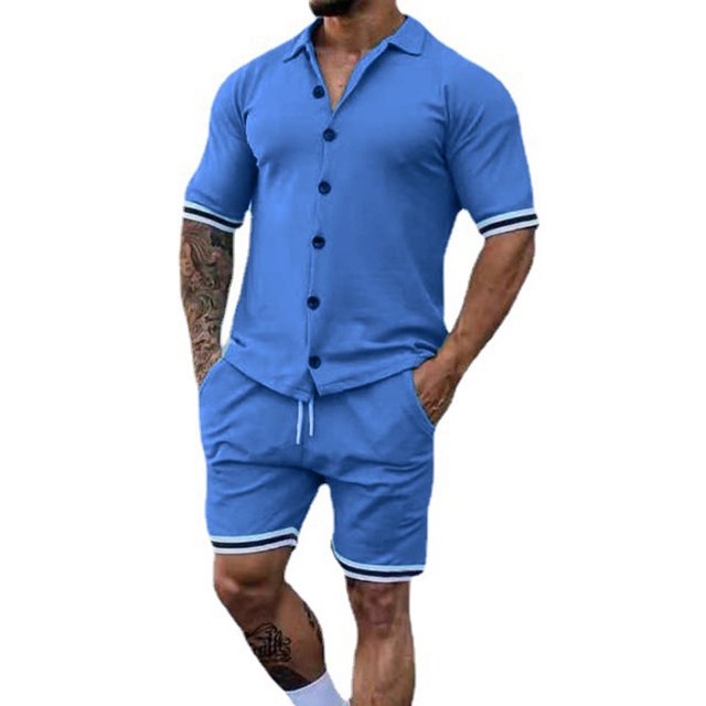 Mikilon Mens Trendy Outfits 2-Piece Set Cardigan Set Slim Knit Short Sleeve Lapel Shorts Set Top Shorts Two Piece Set Funky Comfort Short Sleeve Lapel Set Light Blue S