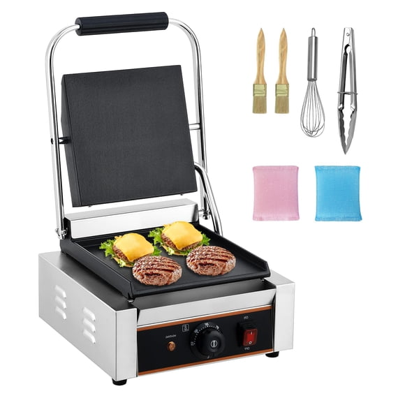1800W Commercial Panini Sandwich Press Grill, 9×9 Inch Dual Grooved & Flat Plates Adjustable Temp Removable Drip Tray Café Restaurant Baker Equipment