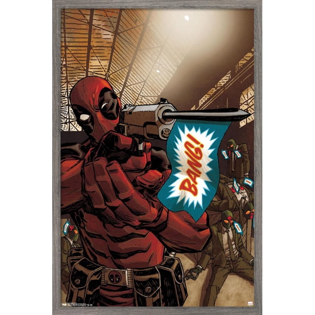 Marvel Comics - Deadpool - Affiche Murale « Bang », 22,375 Po x 34 Po Représentant Deadpool en costume Rouge et Noir Visant un revolver Argenté avec un Drapeau Bleu Lisant « Bang! » en Lettres Rouges, avec un Arrière-Plan d'Homme Assorti Portant des Masques Verts Tenant des Pistolets Similaires, Encadré en Bois Rustique pour la Déco de la Maison.