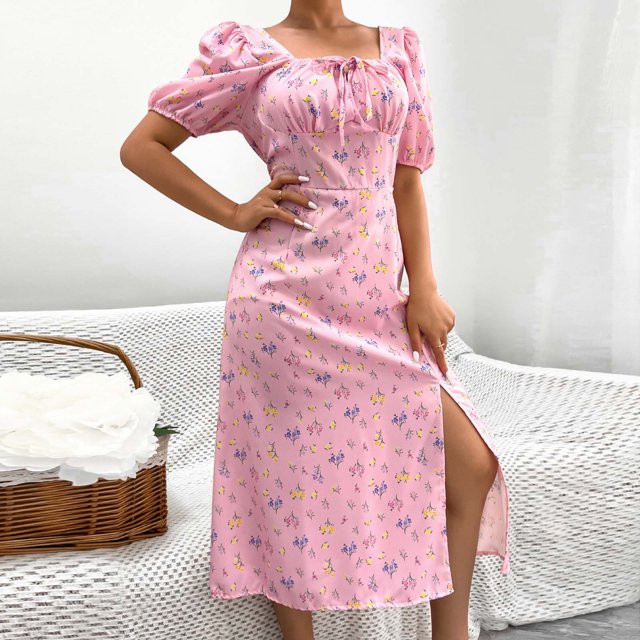 Jusqu'à 65 % de Rabais! Robes d'Été Mode pour Femmes 2024 Grande Taille Décontractées Aguichant à Encolure Carrée à Manches Bouffantes Robe Fendue à Fleurs pour Style Vacances Robe à Manches Courtes à Encolure en V