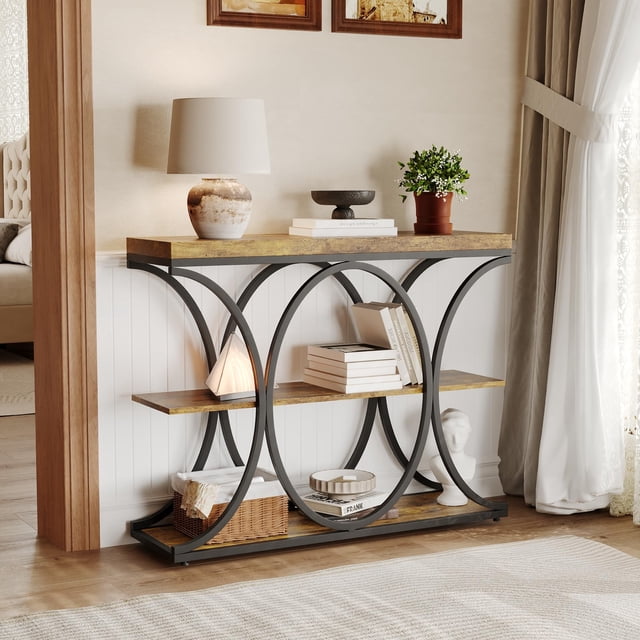 EDTara 39" Farmhouse Entryway Table with Storage, 4-Tier Wooden Console Table with Metal Geometric Frame for Hallway & Small Apartments