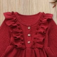 thumbnail image 4 of Splozh Fall Long Sleeve Dress Toddler Kids Baby Girl Solid Linen Button Ruffle Party Dress Clothes Red,5-6 Years, 4 of 5