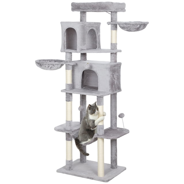 PawHut 69" Cat Tree, Cat Tower with 2 Condos, Light Grey