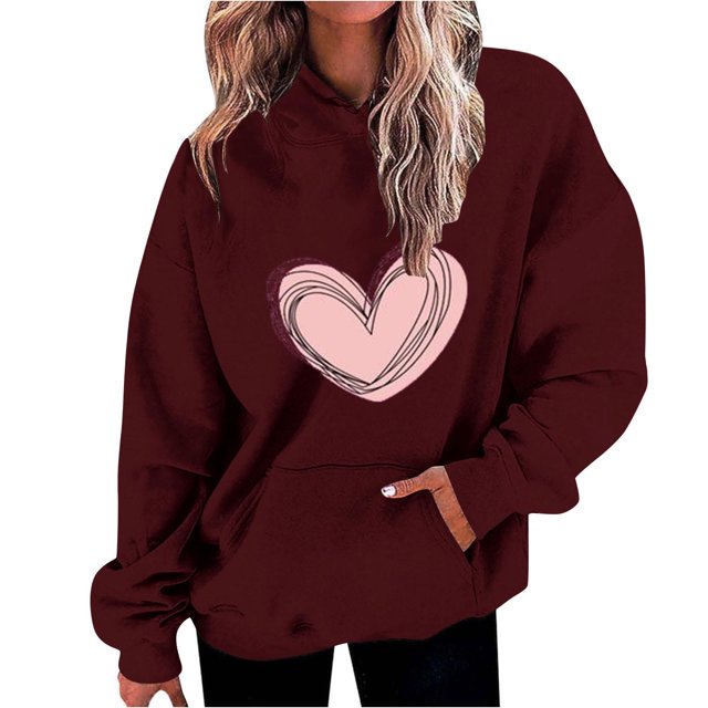 Plebaso Women's Heart Printed Hoodies Drawstring Long Sleeve Sweatshirts Loose Pullover Tops with Pockets