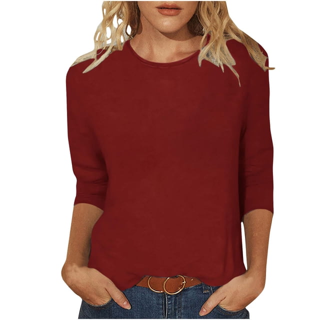 hotojiny Spring Tops for Women Lightweight Solid Color 3/4 Sleeve Crewneck Basics Tees Plus Size Soft Comfy Summer Work Shirt