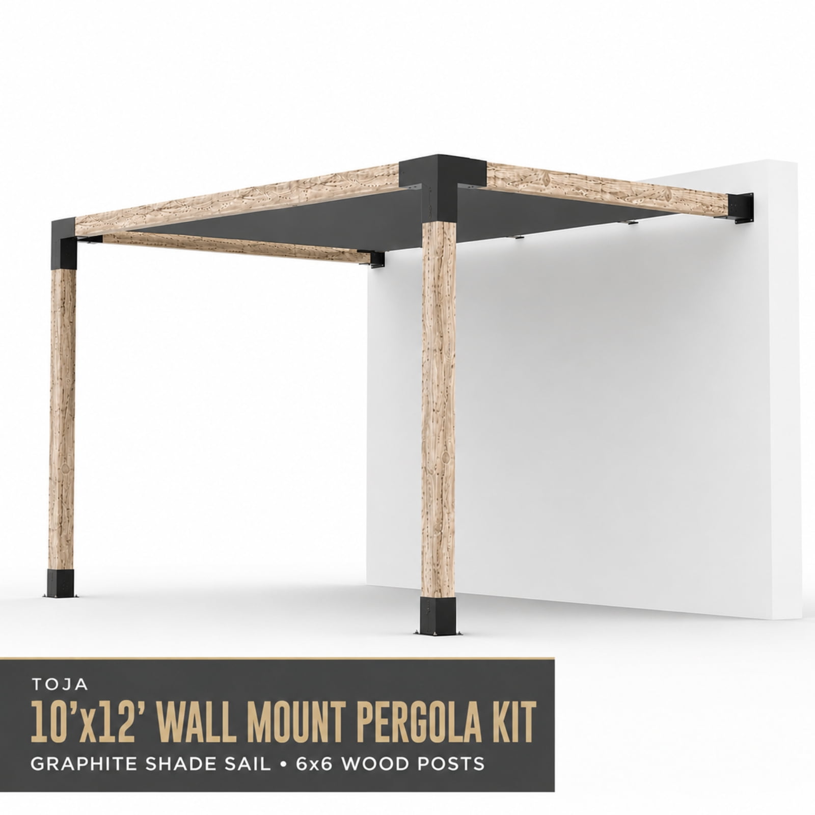 Kit de pergola murale Toja 10'x12' avec voile d’ombre en graphite pour poteaux en bois 6x6