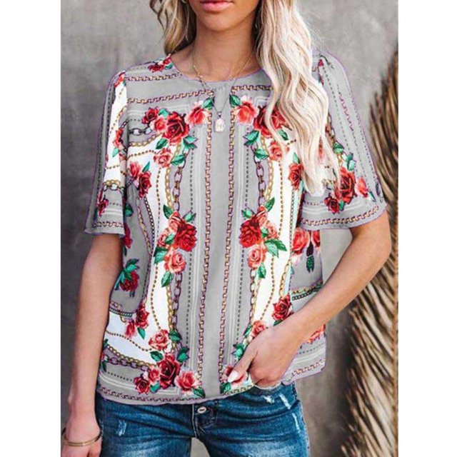 Nouveau Col Rond Imprimé Floral pour Femmes Boho Sexy Casual Tops T-Shirts Vintage à Manches Courtes et Tailles Coldker