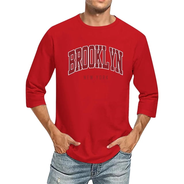 Mens T Shirt 3/4 Sleeve Comfortable Crewneck Graduated Color Fit Red Men's Fall Clothing size XXXL