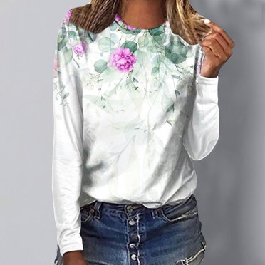 EQWLJWE Plus Size Fall Tops for Women Long Sleeve Gradient Flower Leaf Casual Loose Shirts Oversized Tunic Shirt for Women 2023 Trendy Workout Shirts for Women Clearance