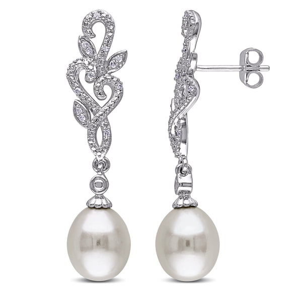 Miabella 8.5-9mm White Rice Cultured Freshwater Pearl and Diamond-Accent Sterling Silver Dangle Earrings