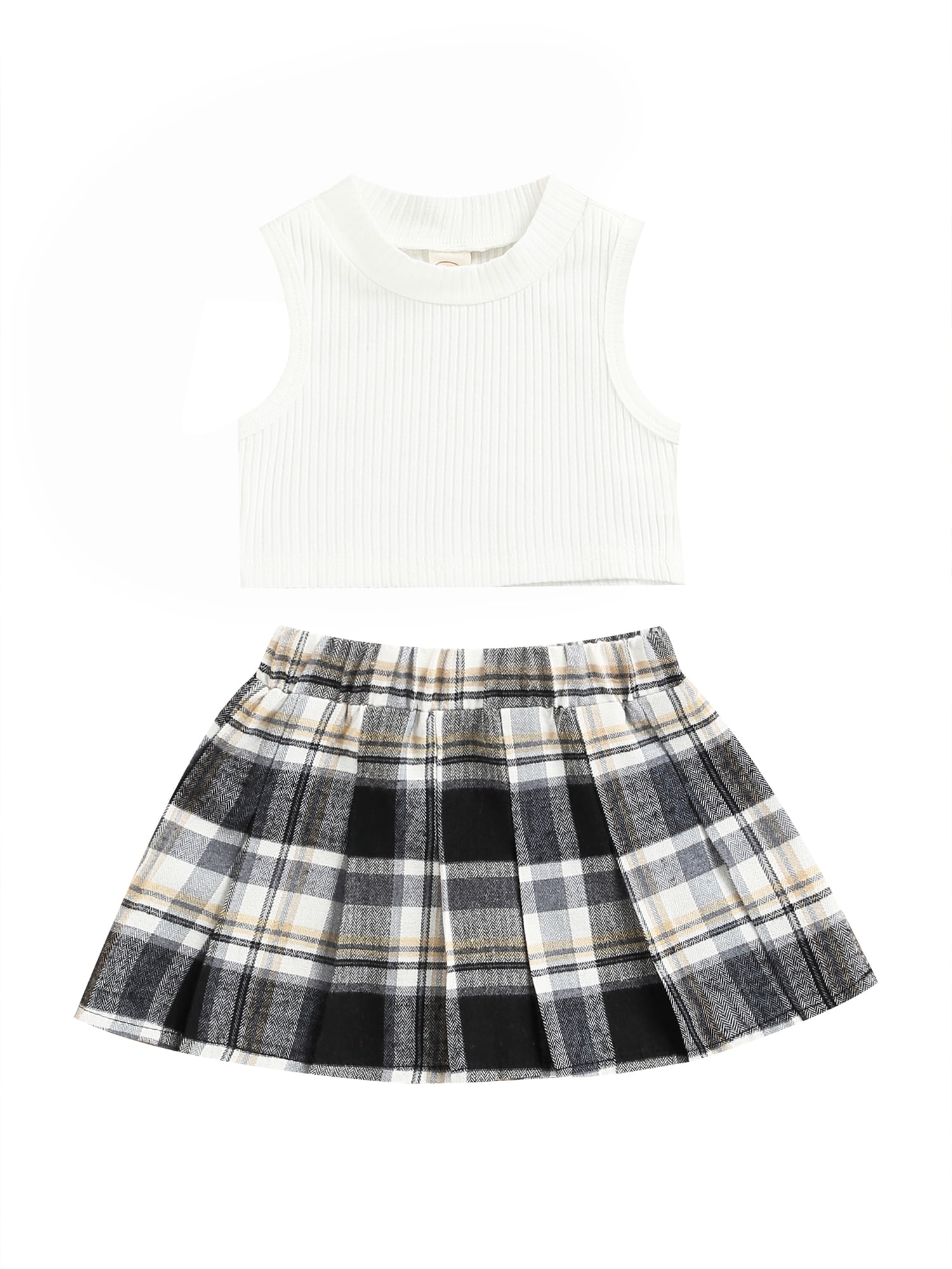 Faithtur Toddler Girl Fashion Outfits Set, Solid Color Ribbed Sleeveless Tank Tops + Elastic Waist Contrast Color Plaid Pleated Skirt
