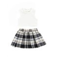 thumbnail image 1 of Faithtur Toddler Girl Fashion Outfits Set, Solid Color Ribbed Sleeveless Tank Tops + Elastic Waist Contrast Color Plaid Pleated Skirt, 1 of 9