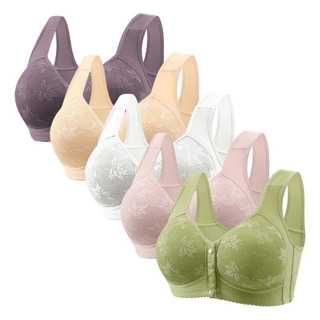 Amzcrzy 5PC Wireless Bras Comfortable Everyday Plus Size Bras Breathable Solid Color Front Closure Bras Supportive Push Up Bras 48