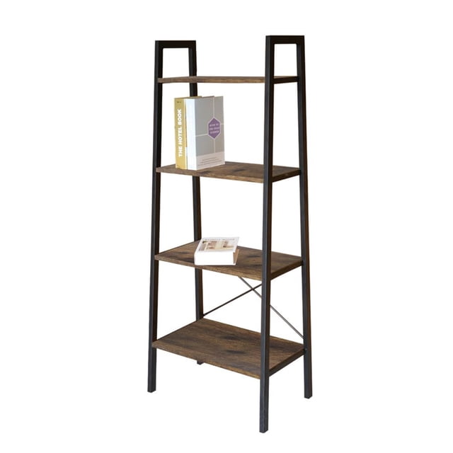 Jessar shelving unit with 4 shelves, featuring a sturdy black metal frame and brown wood grain finish from the Guilio collection. The unit measures 22 inches wide, 12.6 inches deep, and 54.3 inches high, ideal for storing books, family photos, decorations, or use as display shelves. Easy to assemble with included hardware.