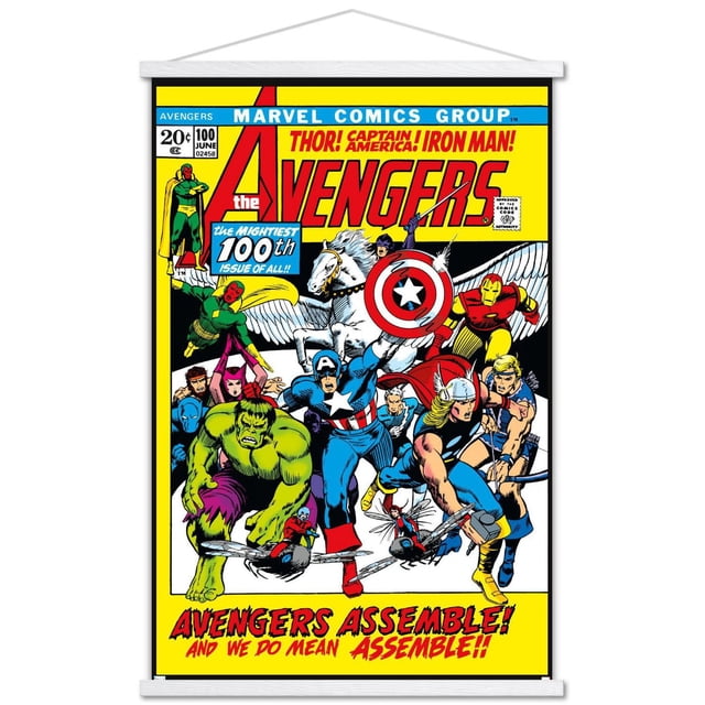 Marvel Comics - Avengers #100 Wall Poster, 22.375" x 34" featuring vintage comic book cover art with Avengers characters Thor, Captain America with shield, Iron Man, Hulk, Hawkeye, Vision, Scarlet Witch, Ant-Man, and Wasp on a yellow background with bold red text 'Avengers Assemble! And we do mean Assemble!' ideal for wall art and collector display.