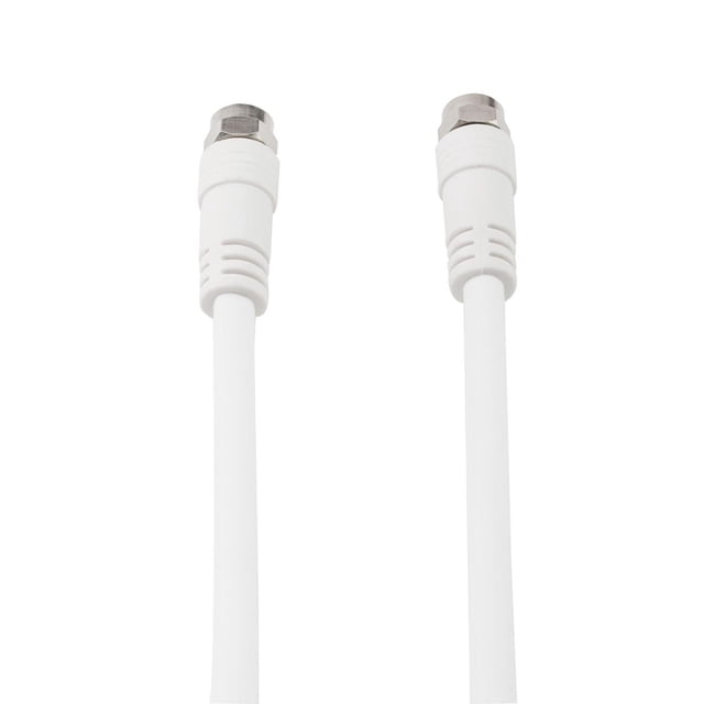 onn. 25 FT./7.6 m Indoor/Outdoor Coaxial Cable with white flexible jacket and metal F-type connectors on both ends, designed to connect video components and protect against electromagnetic and radio frequency interference, suitable for home audio and video use.