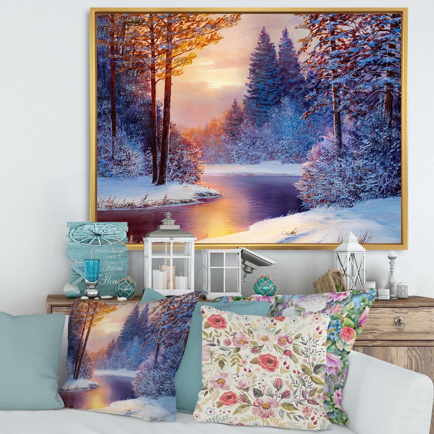 Designart Rivière sinueuse avec des silhouettes d'arbres bleu foncé ART MURAL À CADRE FLOTTÉ