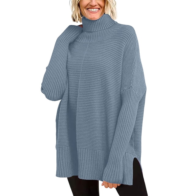 SGMVNU Women's Oversized Turtleneck Sweaters Fall Long Sleeve Ribbed Tunic Sweater Chunky Pullover Knit Tops(Blue, L)