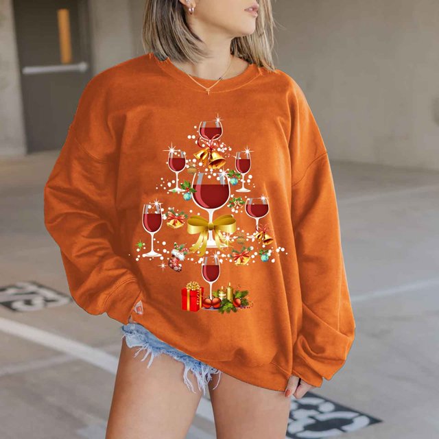 EGNMCR Chandail en Molleton de Noël Mode Femme Manches Longues Col Rond Imprimé de Noël Haut Ample Blouse Chandails en Molleton