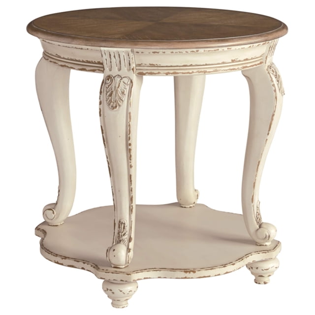 Signature Design by Ashley Realyn Table d'Appoint Ronde Bicolore Style Campagnard Français, Blanc Éclaté