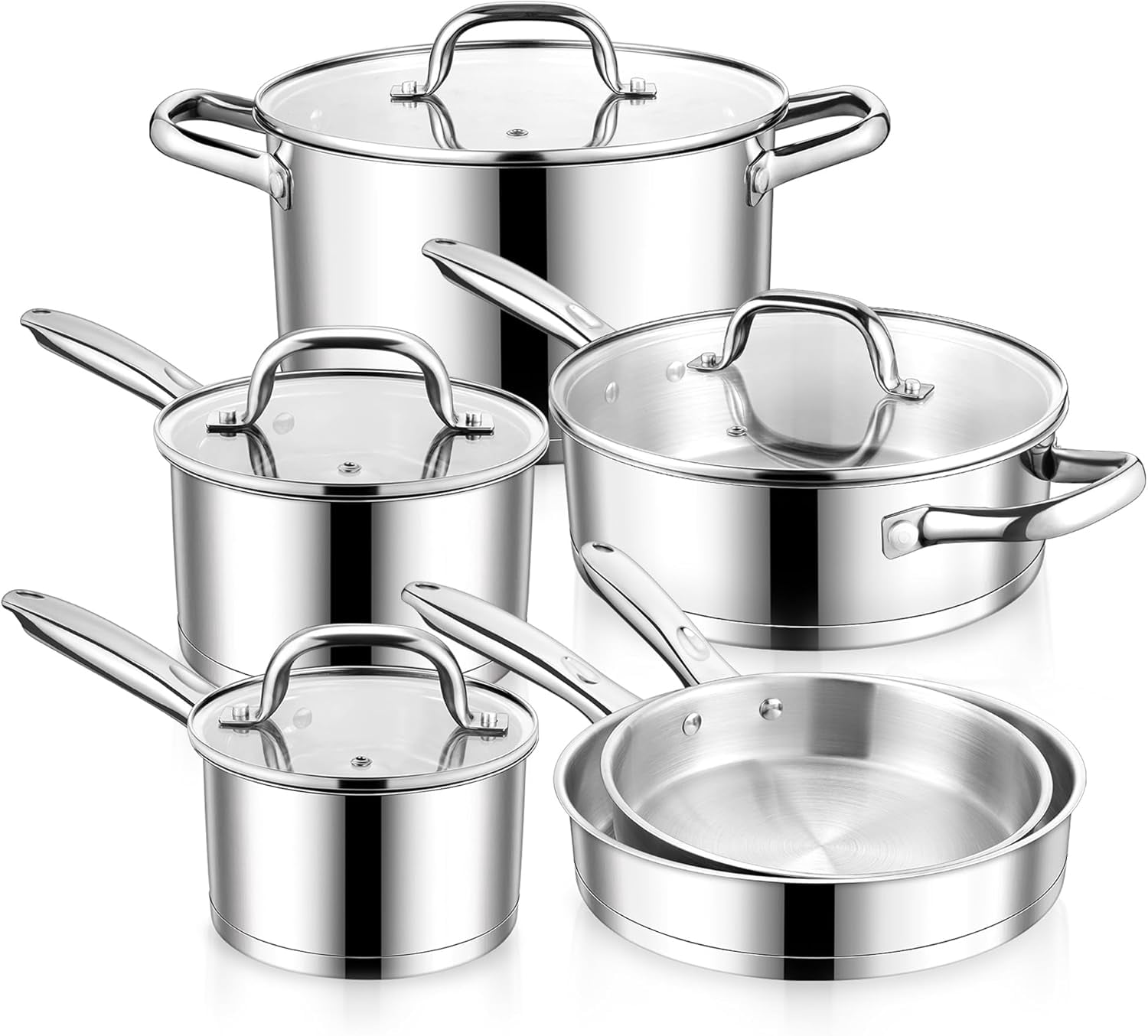 10-Piece Stainless Steel Cookware Set, Induction Pots and Pans Set with Tri-Ply Base, Non-toxic Kitchen Cooking Set w/Frying Pan, Saucepan, Saute Pan, Stockpot with Lids, Oven & Dishwasher Safe