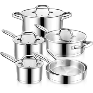 10-Piece Ensemble de cuisine en acier inoxydable, poêlons et poêles à induction avec base Tri-Ply, ensemble de cuisine non toxique avec poêle, casserole, casserole à saute, réserve avec lids, four & Lave-vaisselle sans danger