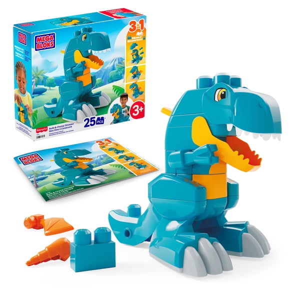MEGA-BLOKS-Fisher-Price-Build-&-Chomp-Dinosaur-T-Rex-Block-Toy-with-Rolling-Wheels-(25-Pieces)-for-Kids