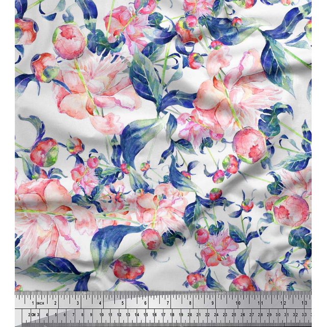 Soimoi Moss Georgette Fabric Leaves & Buds Flower Printed Fabric 1 Yard 42 Inch Wide