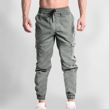 EGNMCR Men's Lightweight Pants, Cargo Pants Men, Linen Pants Men Men's Fashion Trend Loose Sports Casual Multi-pocket Corset Foot Elastic Belt Cargo Pants Mens cotton pants
