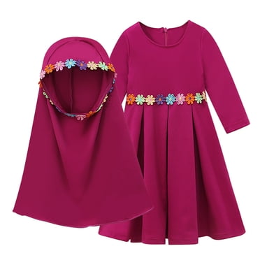 yoeyez Robe Longue Musulmane pour Filles Grande Abaya pour Enfants à Manches Longues Robe de Prière Moyen-Orient Musulman Robe de Dubaï 2025 Ramadan Aïd Aïd Caftan Bourgogne, 2 Ans