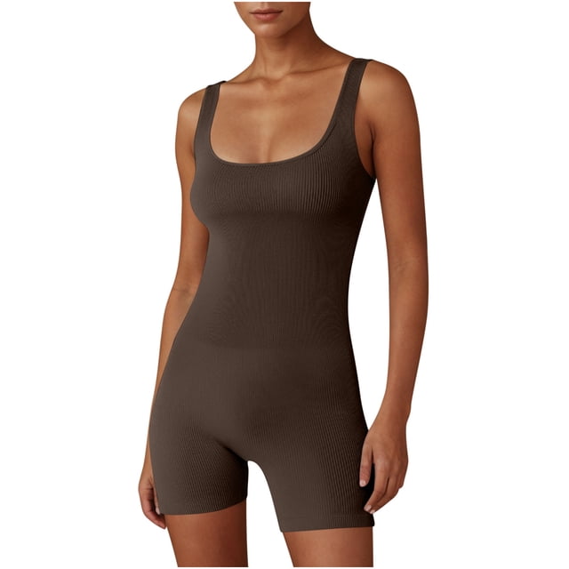 Yuyuzo Women Workout Jumpsuits Ribbed Square Neck 1 Piece Seamless Tank Top Sleeveless Rompers