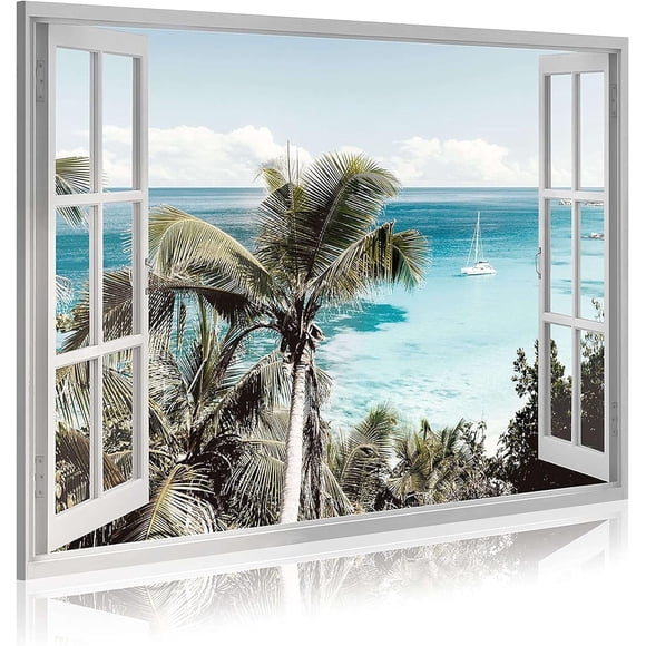 Beach Window Canvas Wall Art: Ocean seaside Picture Tropical Palm Tree Artwork Print on Coastal Seascape Painting for Bedroom Decor (12x16)